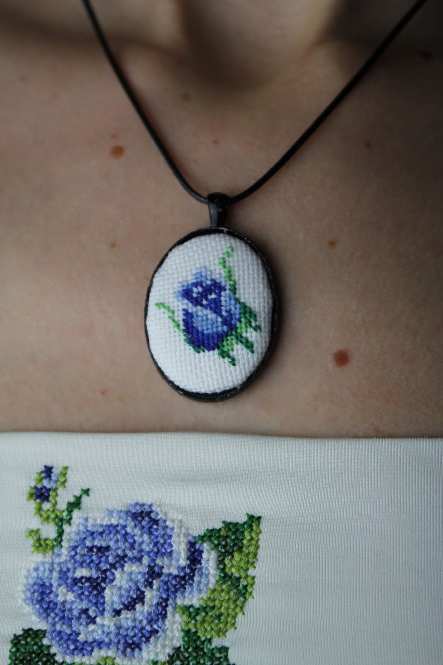 Blue Rose Embroidered Necklace