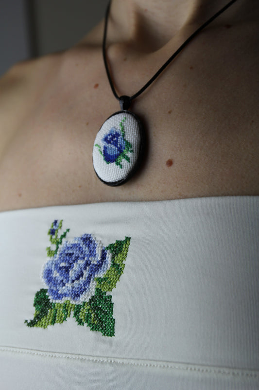 Blue Rose Embroidered Necklace