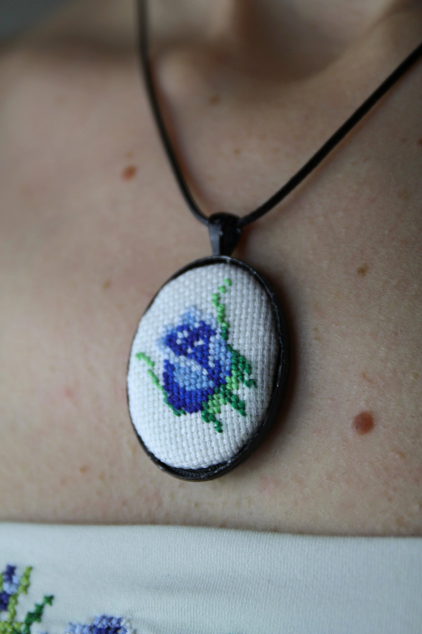 Blue Rose Embroidered Necklace